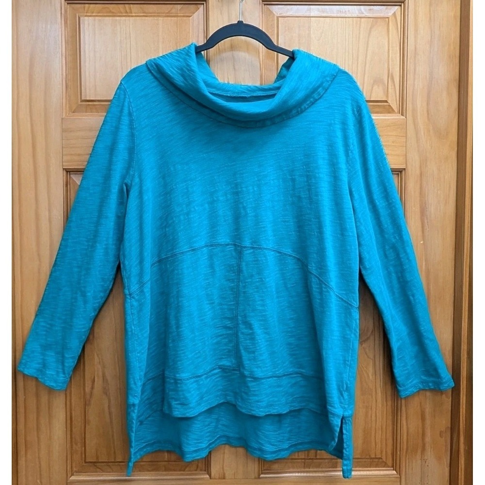 Escape by Habitat Women's Large Tunic Teal Cowl Neckline High Low Hem Top Blouse